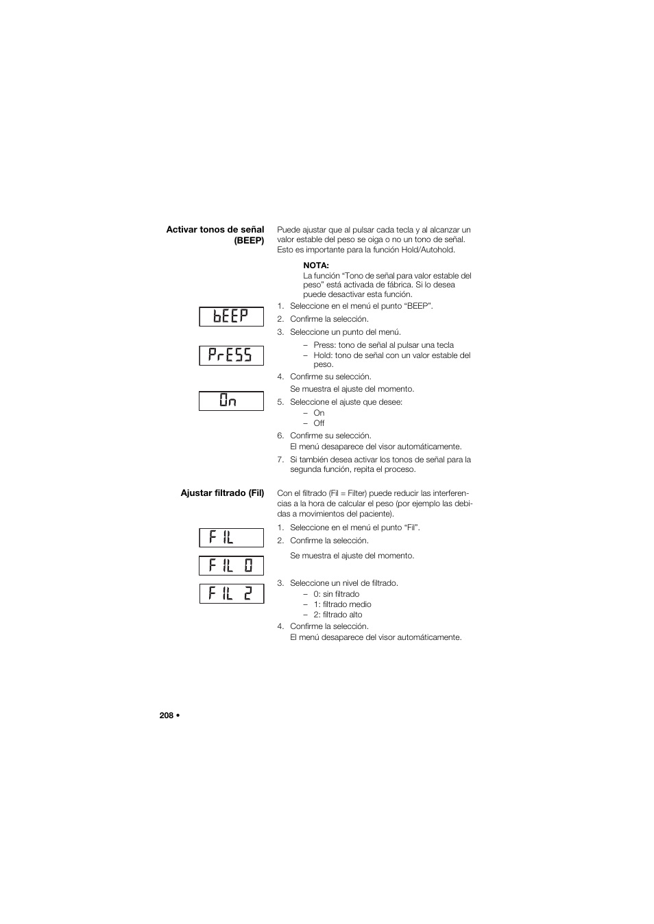 Activar tonos de señal (beep), Ajustar filtrado (fil) | Seca 959 User Manual | Page 208 / 317