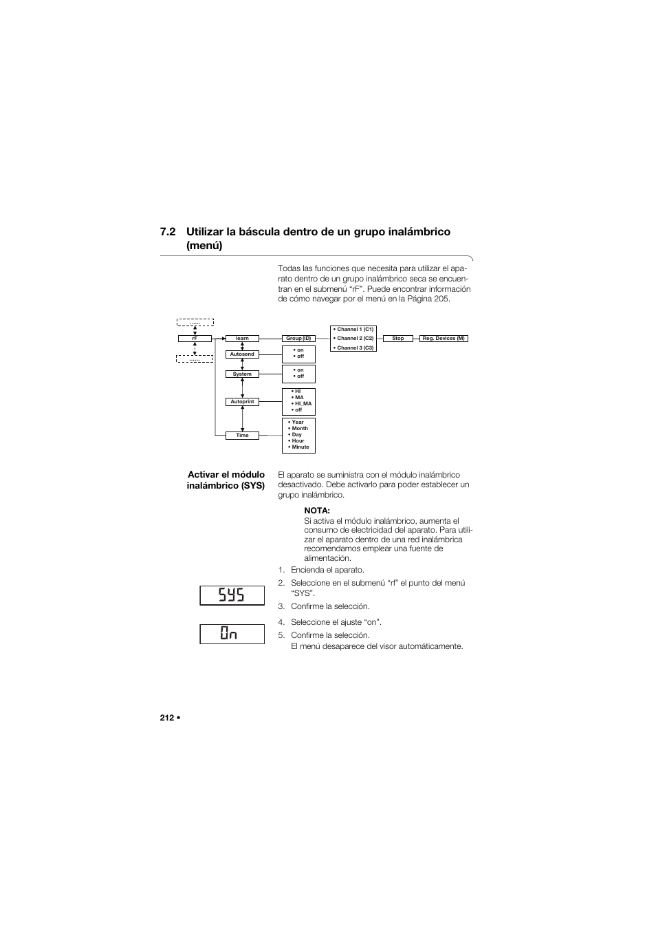 Activar el módulo inalámbrico (sys), 2 utilizar la báscula dentro de un, Grupo inalámbrico (menú) | Seca 959 User Manual | Page 212 / 317