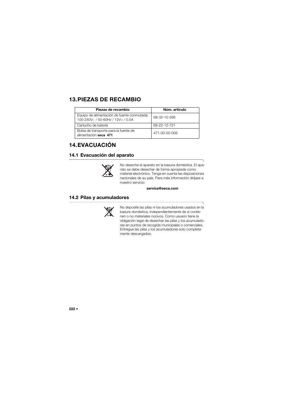 Piezas de recambio, Evacuación, 1 evacuación del aparato | 2 pilas y acumuladores, Piezas de recambio 14.evacuación | Seca 959 User Manual | Page 222 / 317