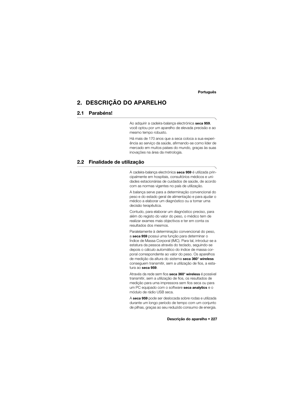 Descrição do aparelho, 1 parabéns, 2 finalidade de utilização | Seca 959 User Manual | Page 227 / 317