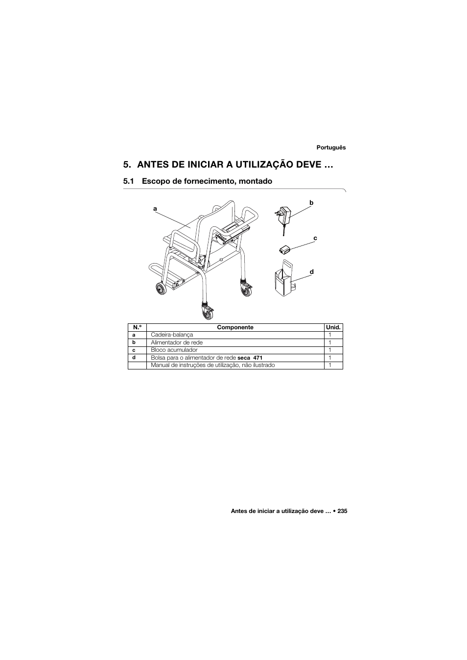 Antes de iniciar a utilização deve, 1 escopo de fornecimento, montado | Seca 959 User Manual | Page 235 / 317