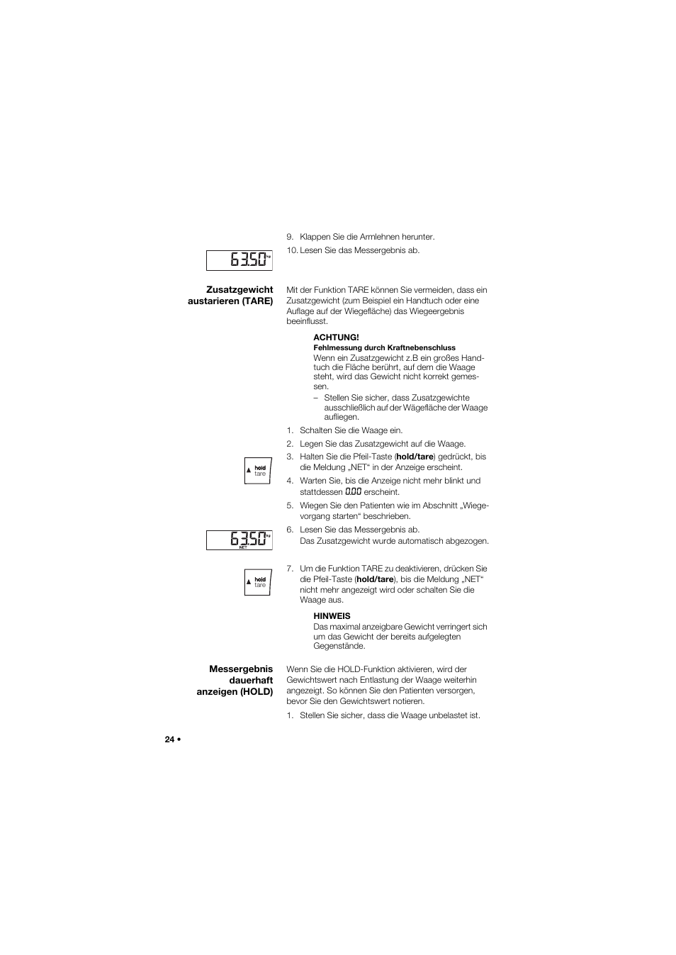 Zusatzgewicht austarieren (tare), Messergebnis dauerhaft anzeigen (hold) | Seca 959 User Manual | Page 24 / 317