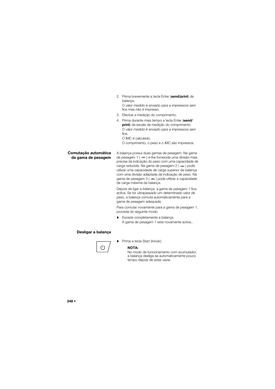 Comutação automática da gama de pesagem, Desligar a balança | Seca 959 User Manual | Page 248 / 317