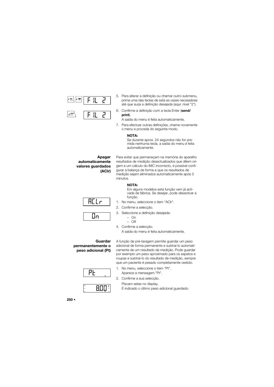 Apagar automaticamente valores guardados (aclr), Guardar permanentemente o peso adicional (pt) | Seca 959 User Manual | Page 250 / 317
