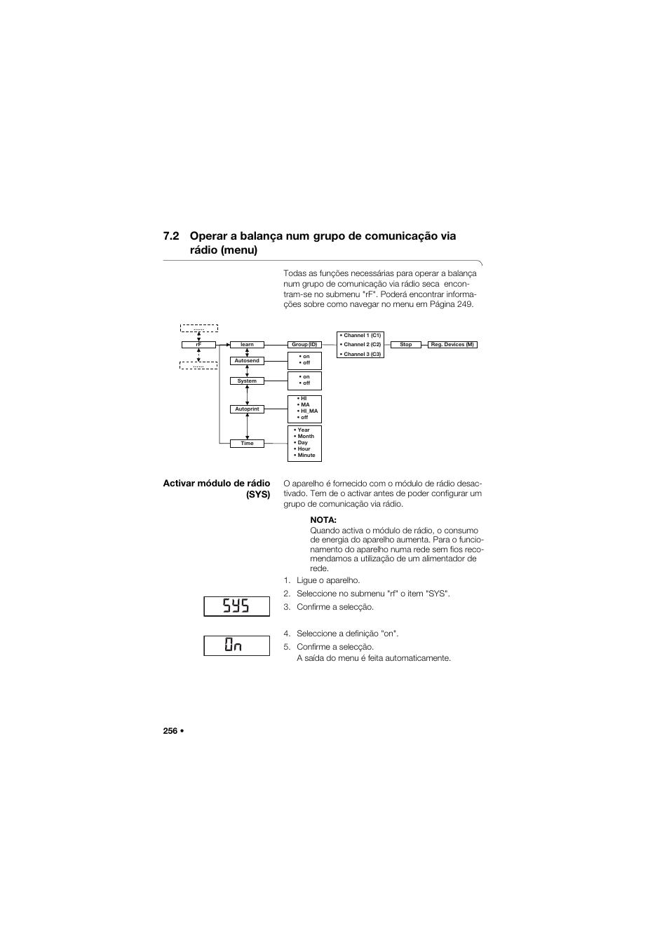 Activar módulo de rádio (sys), 2 operar a balança num, Grupo de comunicação via rádio (menu) | Seca 959 User Manual | Page 256 / 317