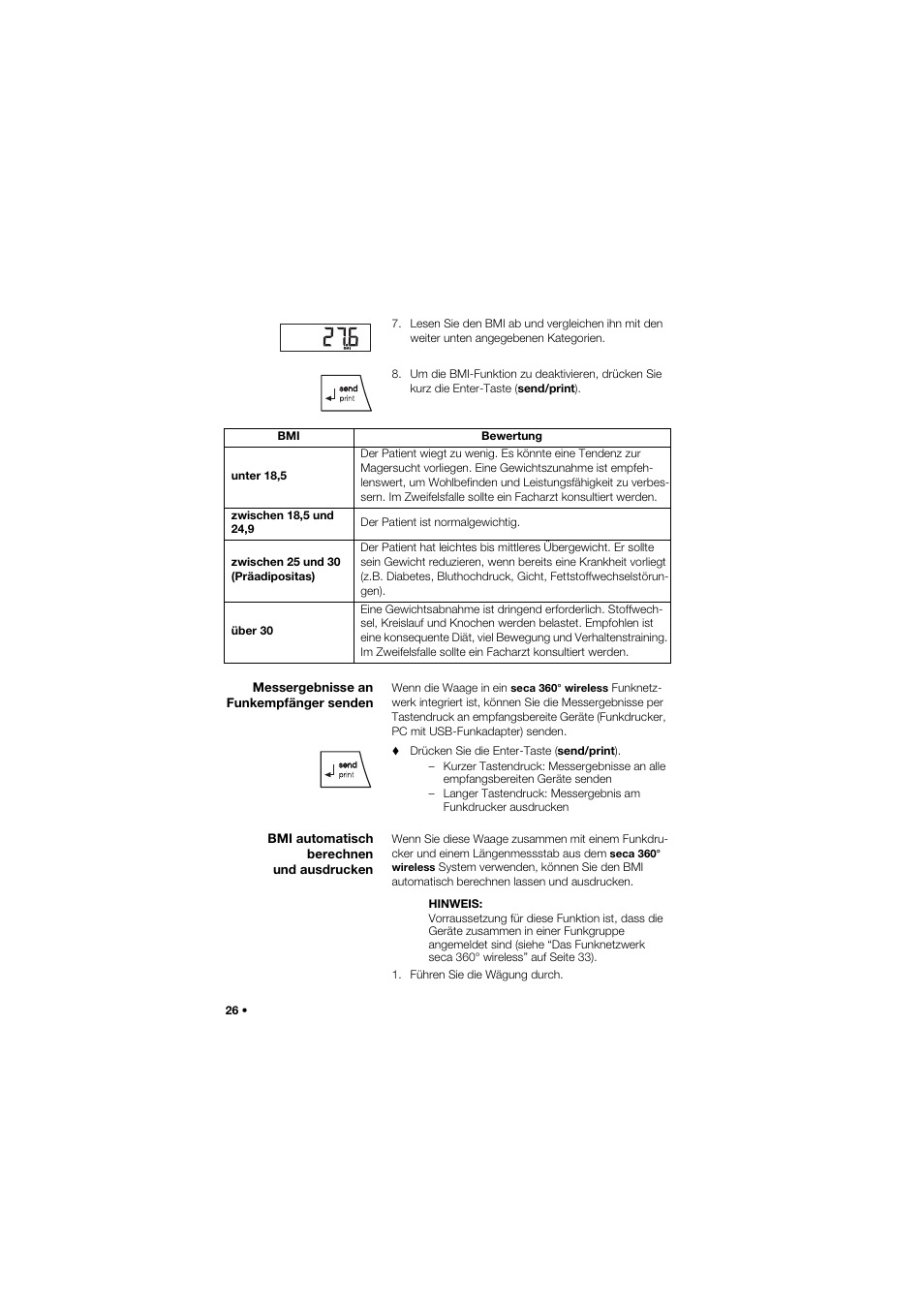 Messergebnisse an funkempfänger senden, Bmi automatisch berechnen und ausdrucken | Seca 959 User Manual | Page 26 / 317