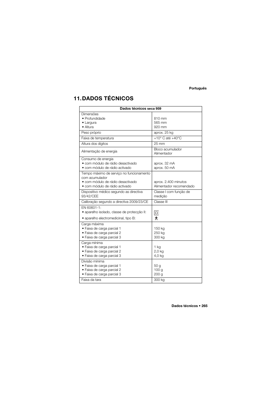 Dados técnicos | Seca 959 User Manual | Page 265 / 317