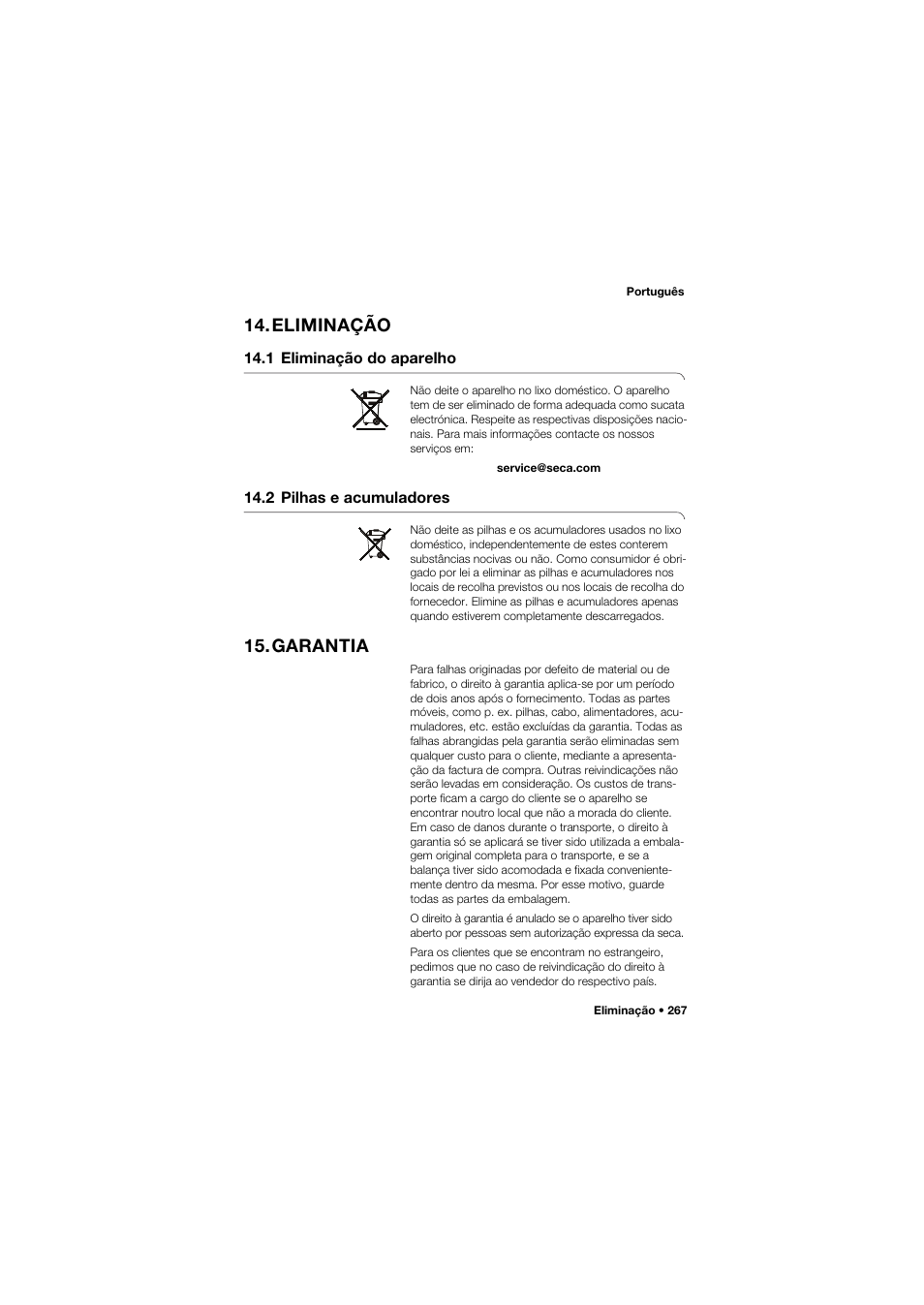Eliminação, 1 eliminação do aparelho, 2 pilhas e acumuladores | Garantia | Seca 959 User Manual | Page 267 / 317