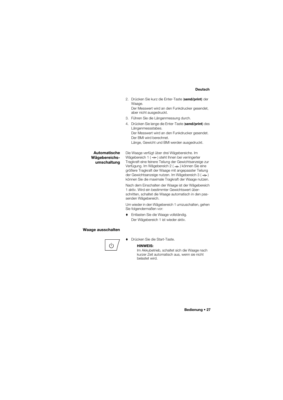 Automatische wägebereichs- umschaltung, Waage ausschalten | Seca 959 User Manual | Page 27 / 317