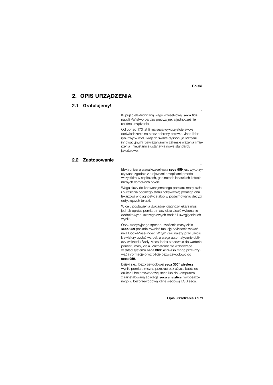 Opis urządzenia, 1 gratulujemy, 2 zastosowanie | Seca 959 User Manual | Page 271 / 317