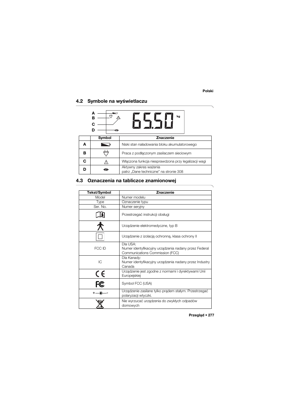 2 symbole na wyświetlaczu, 3 oznaczenia na tabliczce znamionowej | Seca 959 User Manual | Page 277 / 317