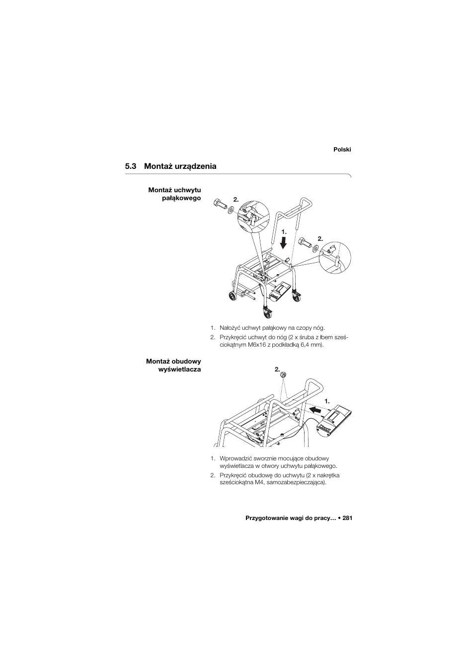 3 montaż urządzenia, Montaż uchwytu pałąkowego, Montaż obudowy wyświetlacza | Seca 959 User Manual | Page 281 / 317