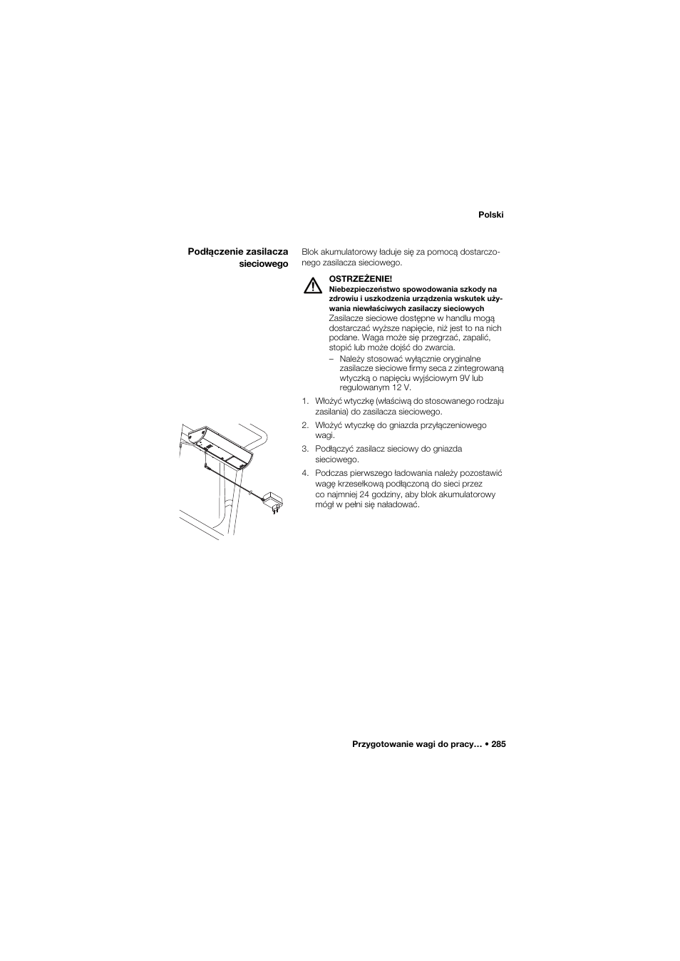 Podłączenie zasilacza sieciowego | Seca 959 User Manual | Page 285 / 317