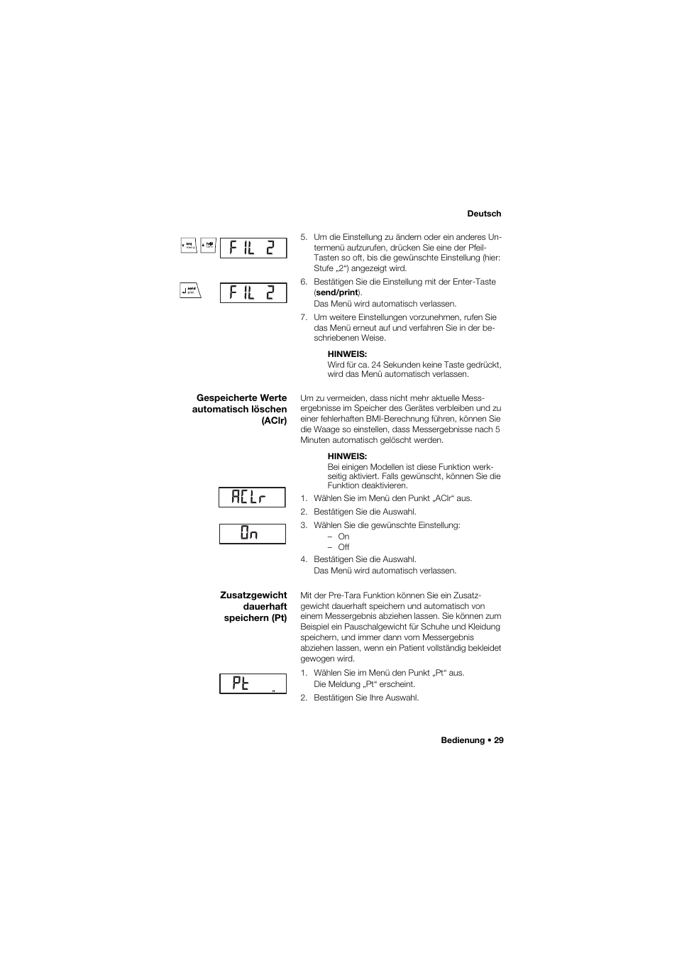 Gespeicherte werte automatisch löschen (aclr), Zusatzgewicht dauerhaft speichern (pt) | Seca 959 User Manual | Page 29 / 317