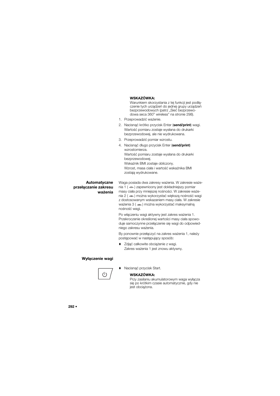 Automatyczne przełączanie zakresu ważenia, Wyłączenie wagi | Seca 959 User Manual | Page 292 / 317