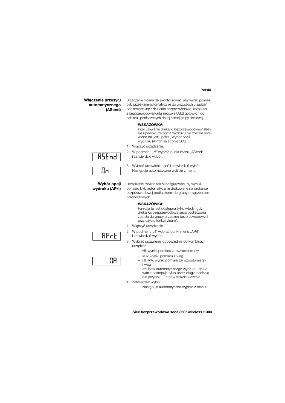 Włączenie przesyłu automatycznego (asend), Wybór opcji wydruku (aprt) | Seca 959 User Manual | Page 303 / 317