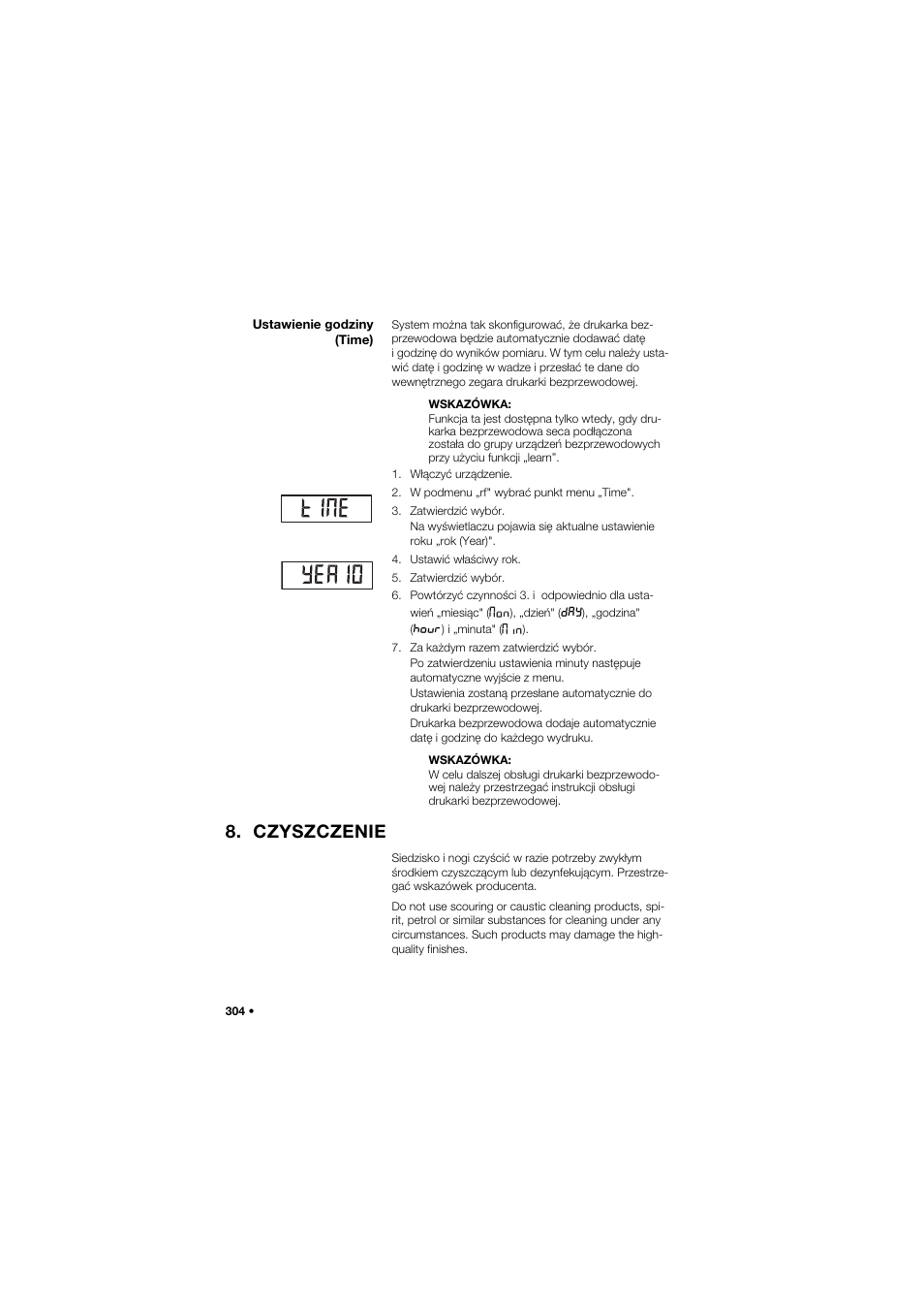 Ustawienie godziny (time), Czyszczenie | Seca 959 User Manual | Page 304 / 317