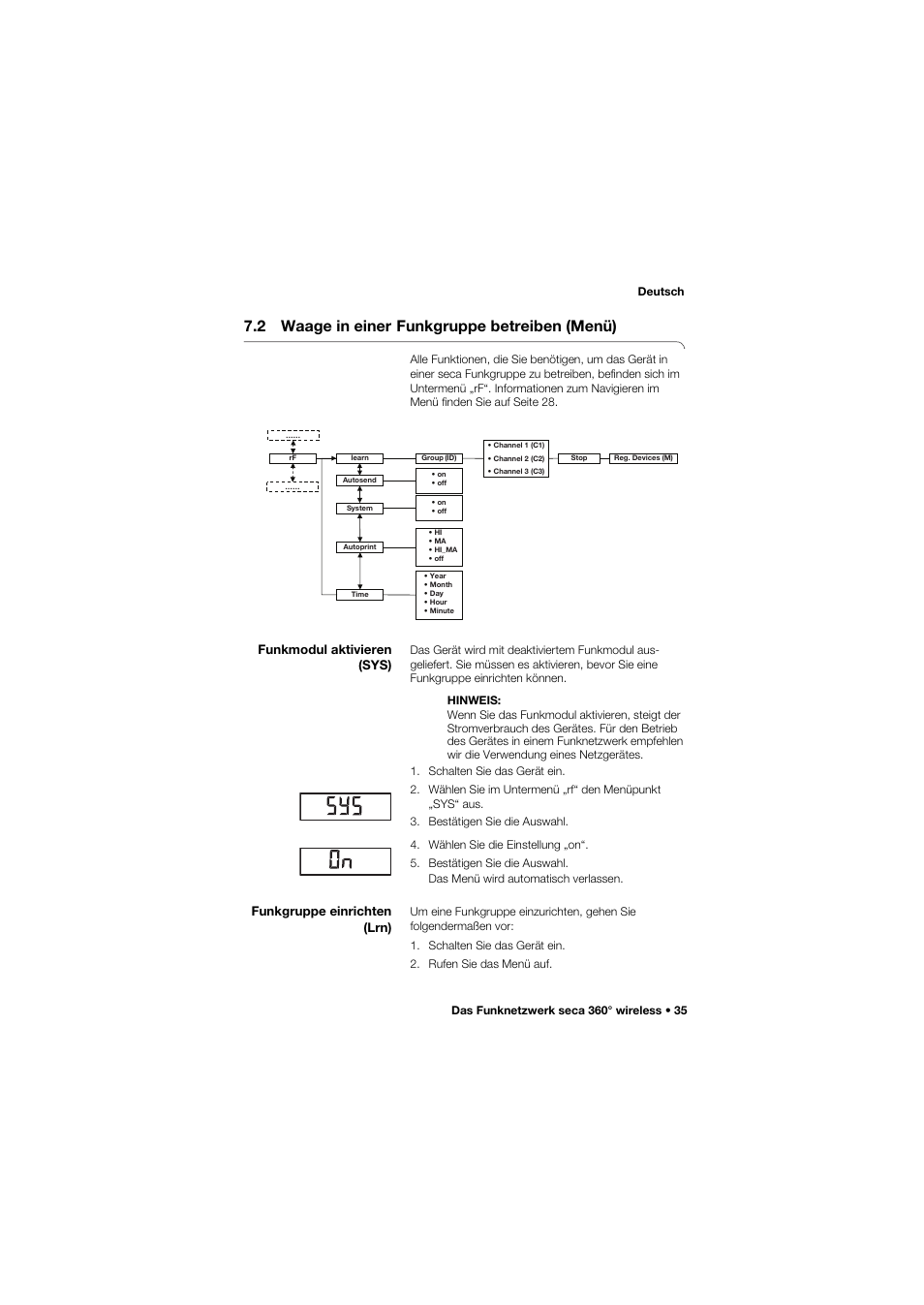 2 waage in einer funkgruppe betreiben (menü), Funkmodul aktivieren (sys), Funkgruppe einrichten (lrn) | 2 waage in einer, Funkgruppe betreiben (menü) | Seca 959 User Manual | Page 35 / 317