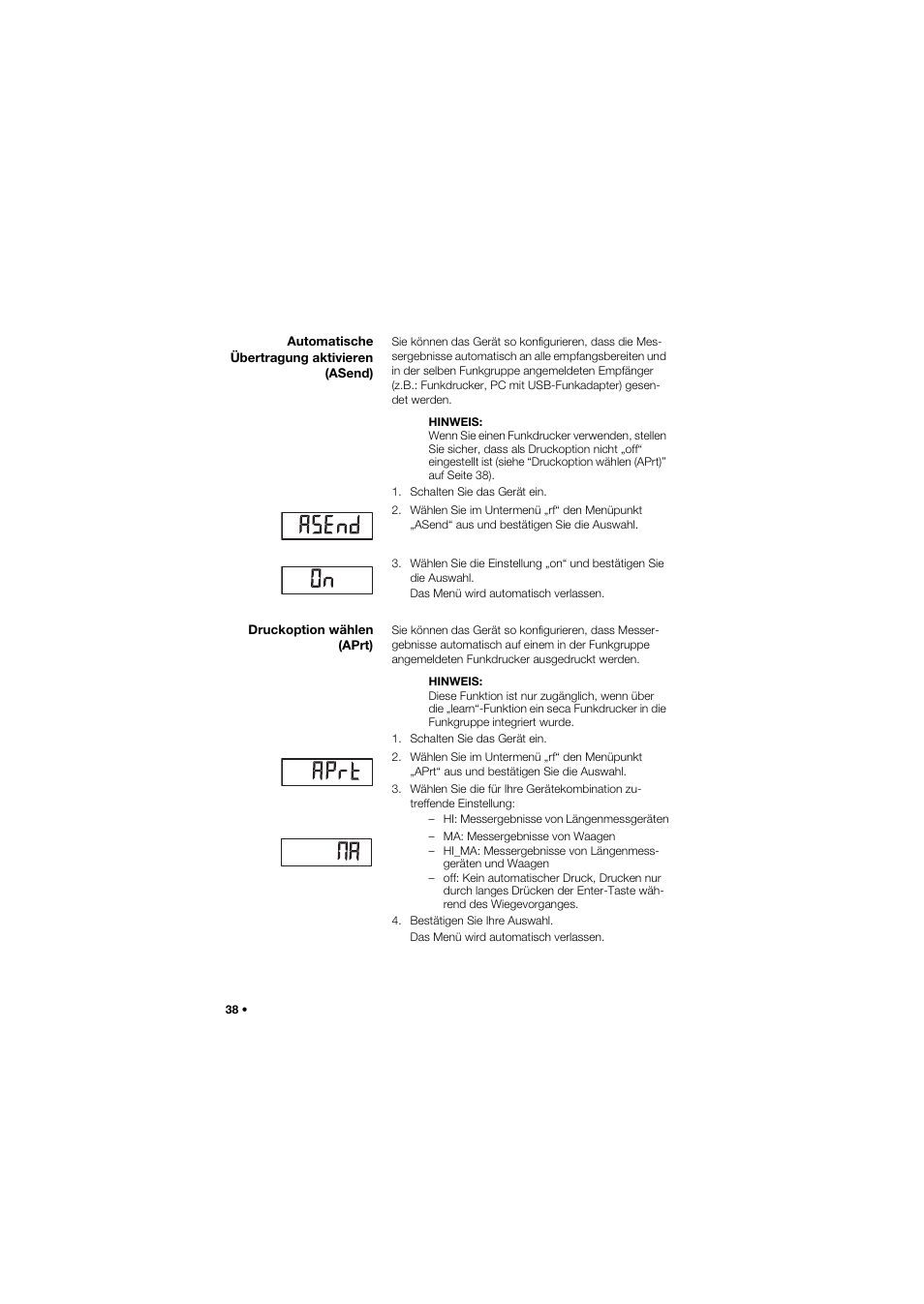 Automatische übertragung aktivieren (asend), Druckoption wählen (aprt) | Seca 959 User Manual | Page 38 / 317