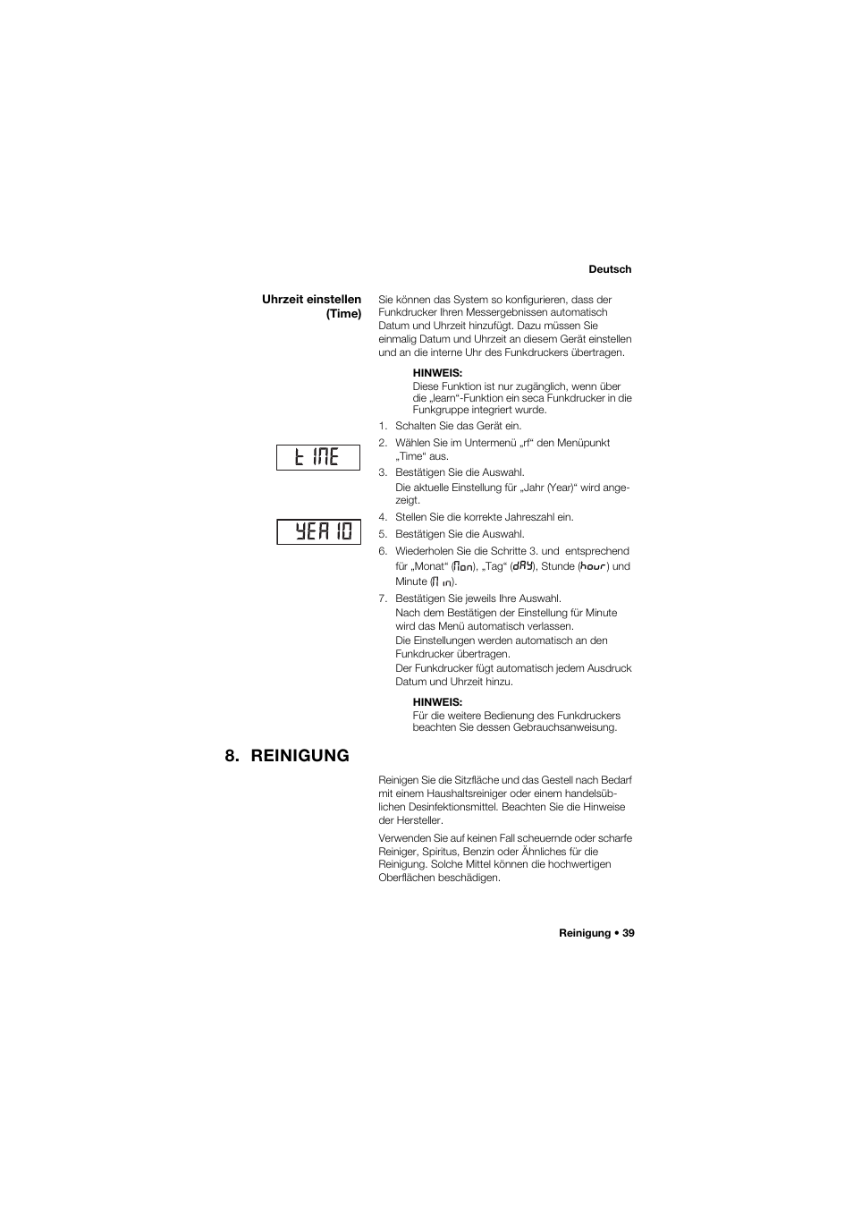 Uhrzeit einstellen (time), Reinigung | Seca 959 User Manual | Page 39 / 317