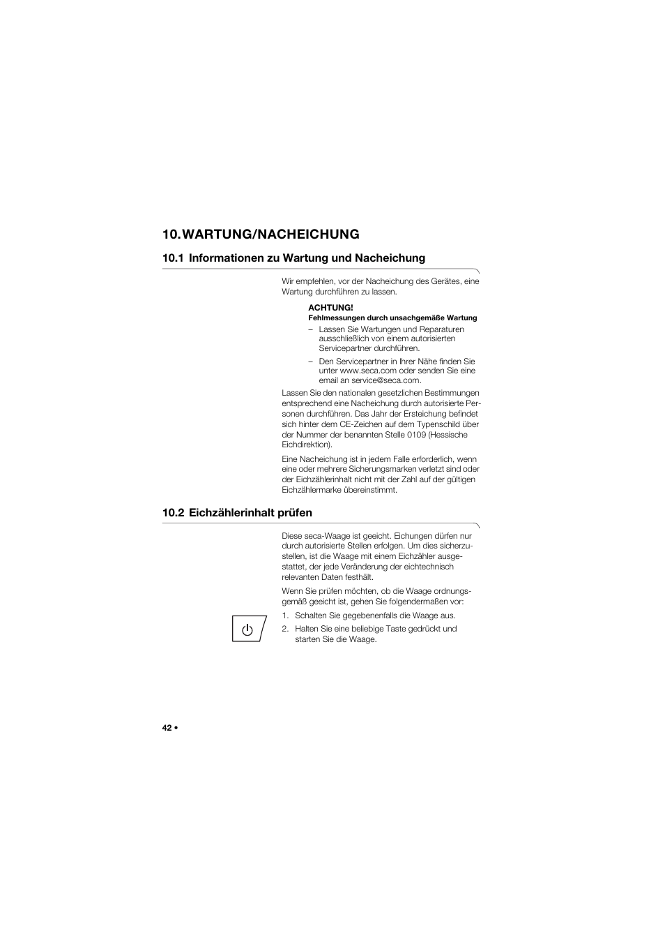 Wartung/nacheichung, 1 informationen zu wartung und nacheichung, 2 eichzählerinhalt prüfen | Seca 959 User Manual | Page 42 / 317