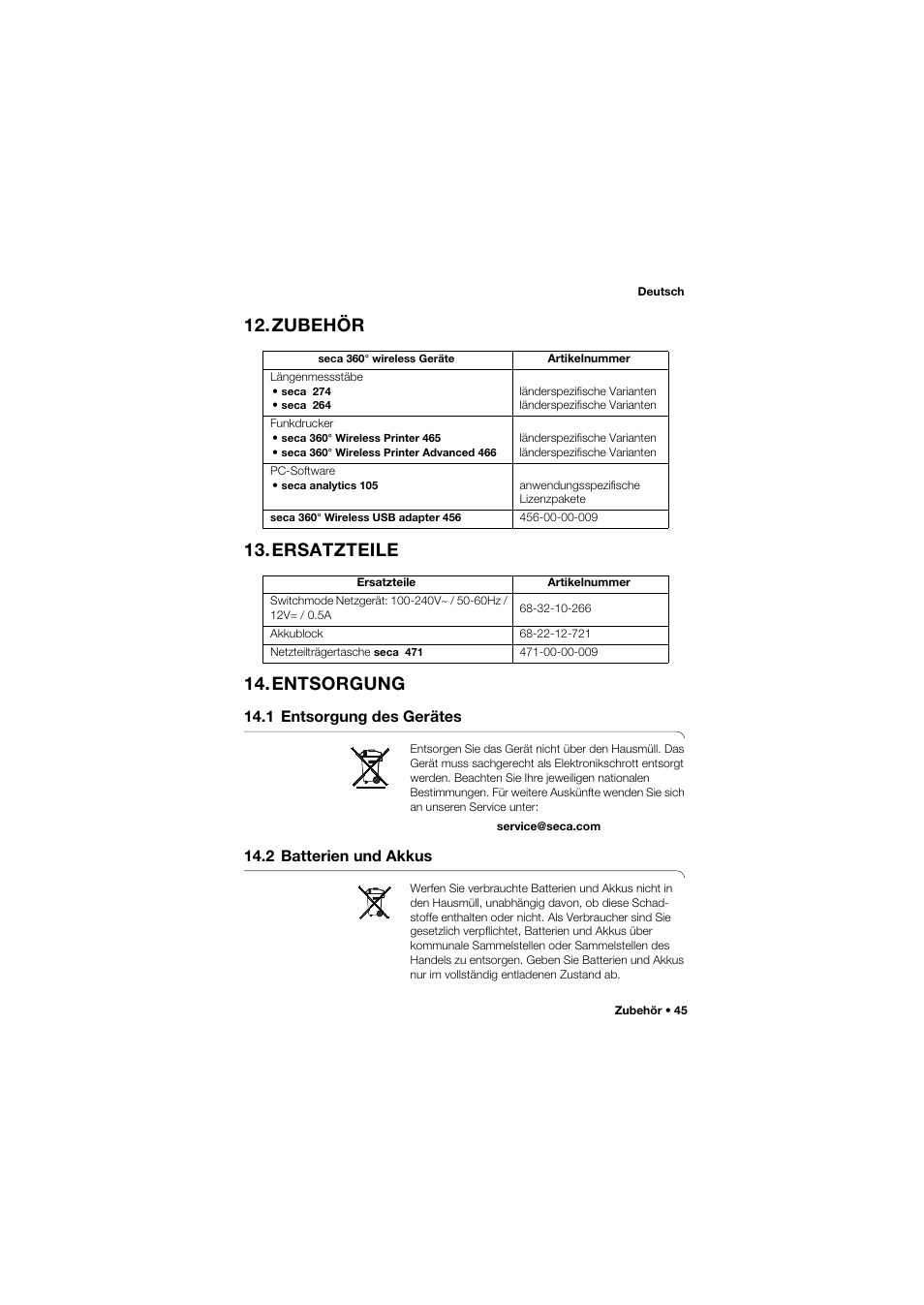 Zubehör, Ersatzteile, Entsorgung | 1 entsorgung des gerätes, 2 batterien und akkus, Zubehör 13.ersatzteile 14.entsorgung | Seca 959 User Manual | Page 45 / 317