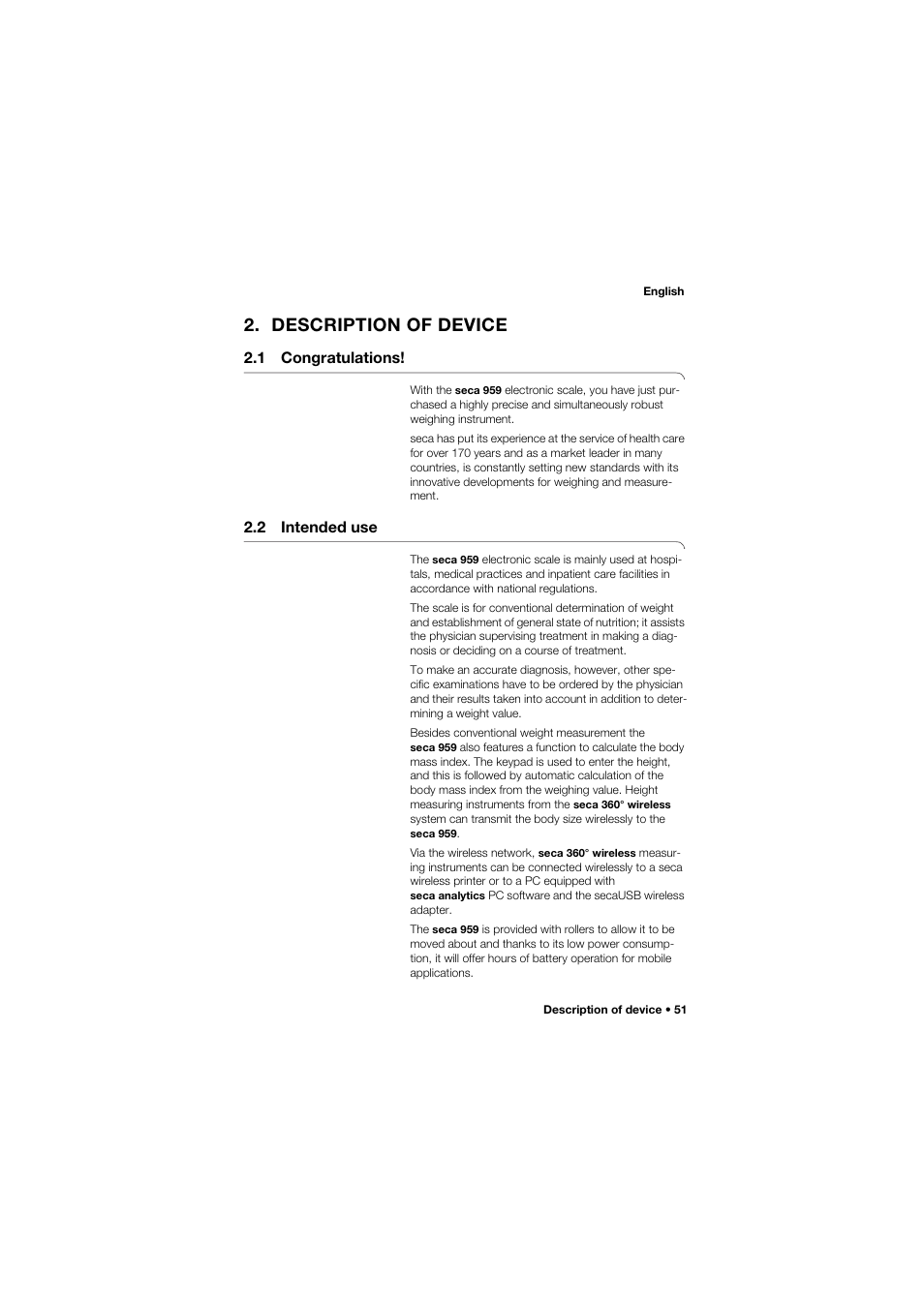 Description of device, 1 congratulations, 2 intended use | Seca 959 User Manual | Page 51 / 317