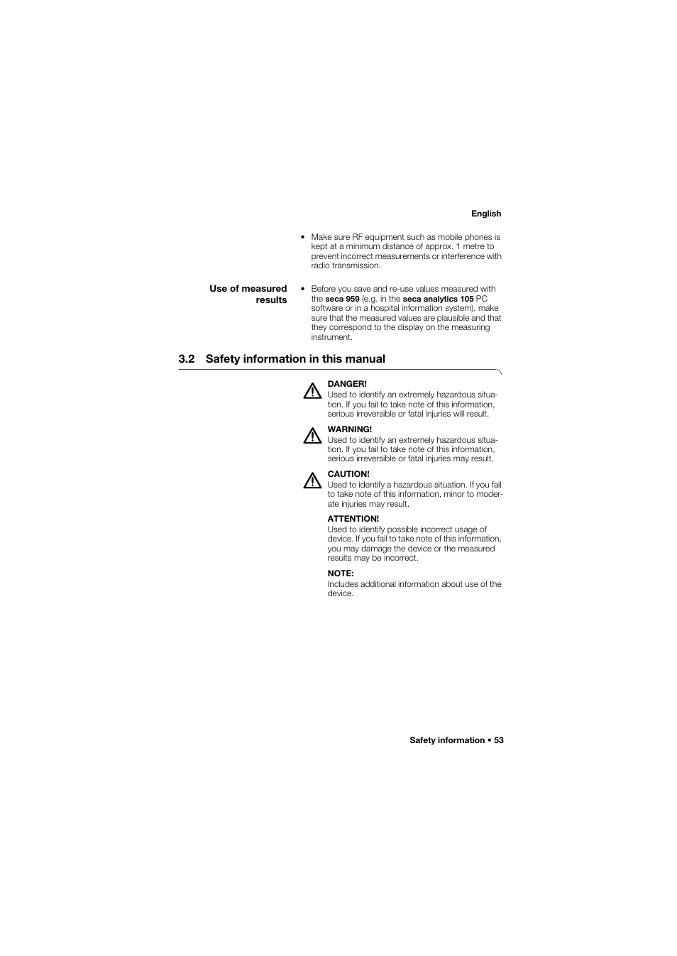 Use of measured results, 2 safety information in this manual | Seca 959 User Manual | Page 53 / 317
