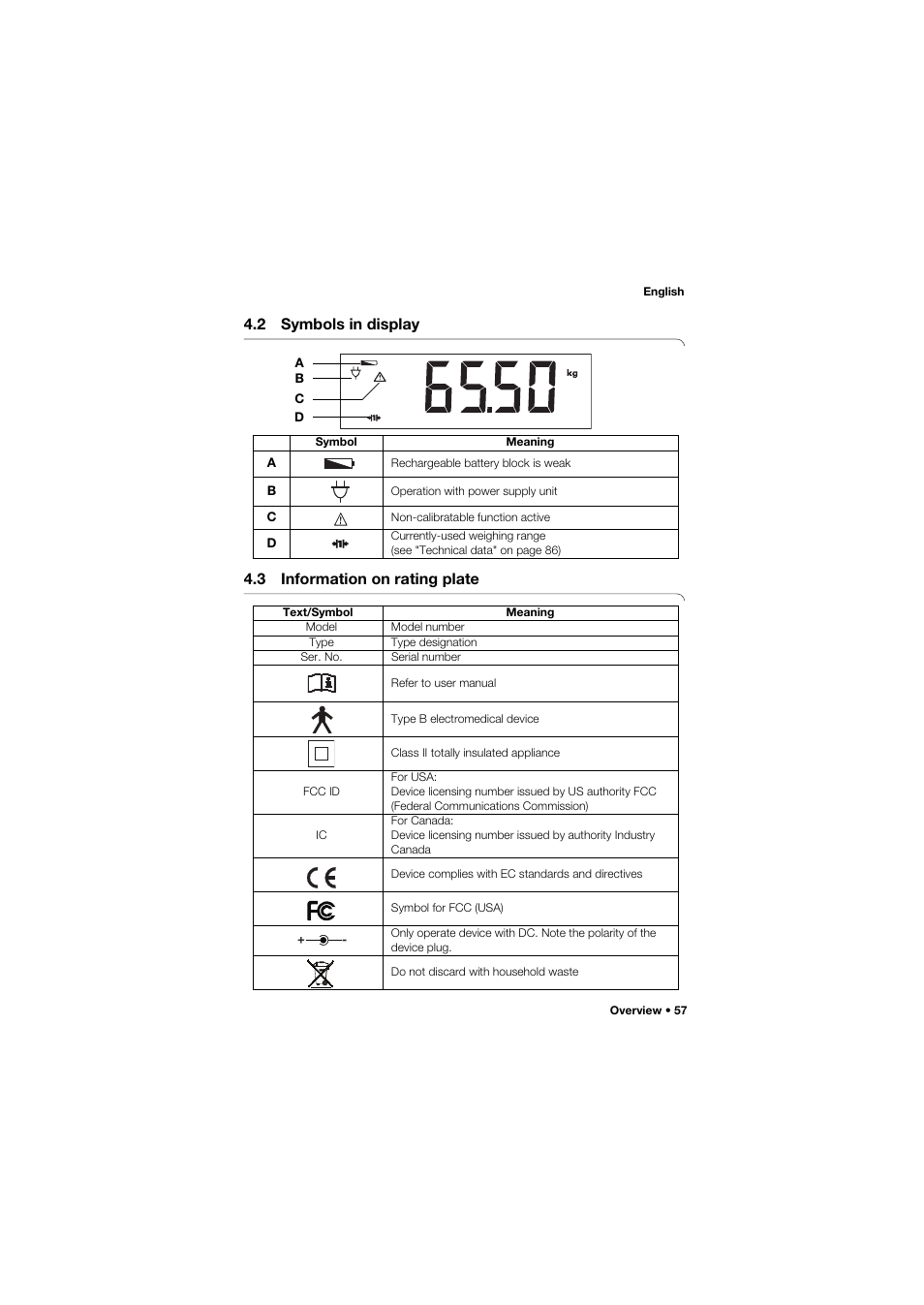 2 symbols in display, 3 information on rating plate | Seca 959 User Manual | Page 57 / 317