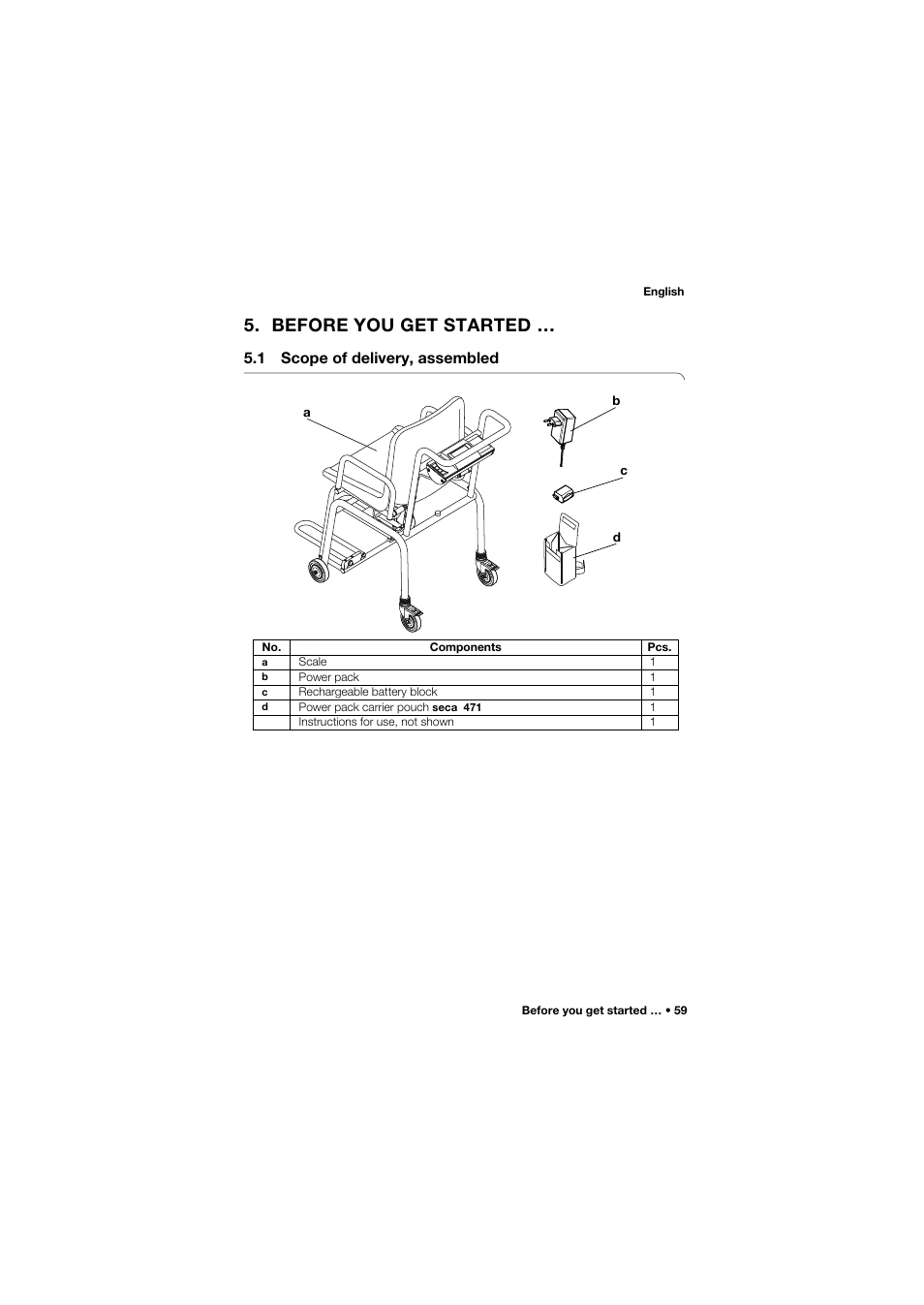 Before you get started, 1 scope of delivery, assembled | Seca 959 User Manual | Page 59 / 317