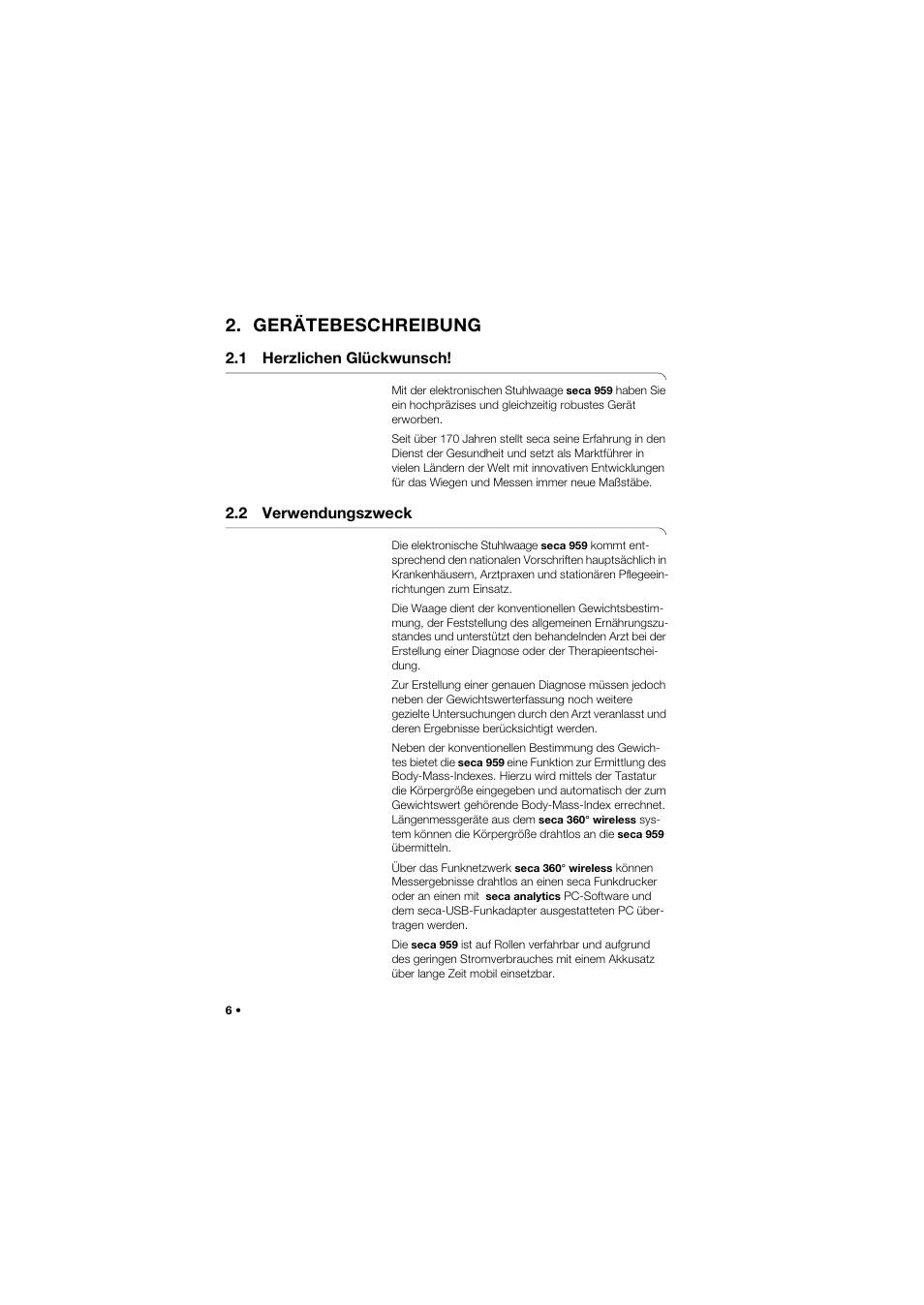 Gerätebeschreibung, 1 herzlichen glückwunsch, 2 verwendungszweck | Seca 959 User Manual | Page 6 / 317