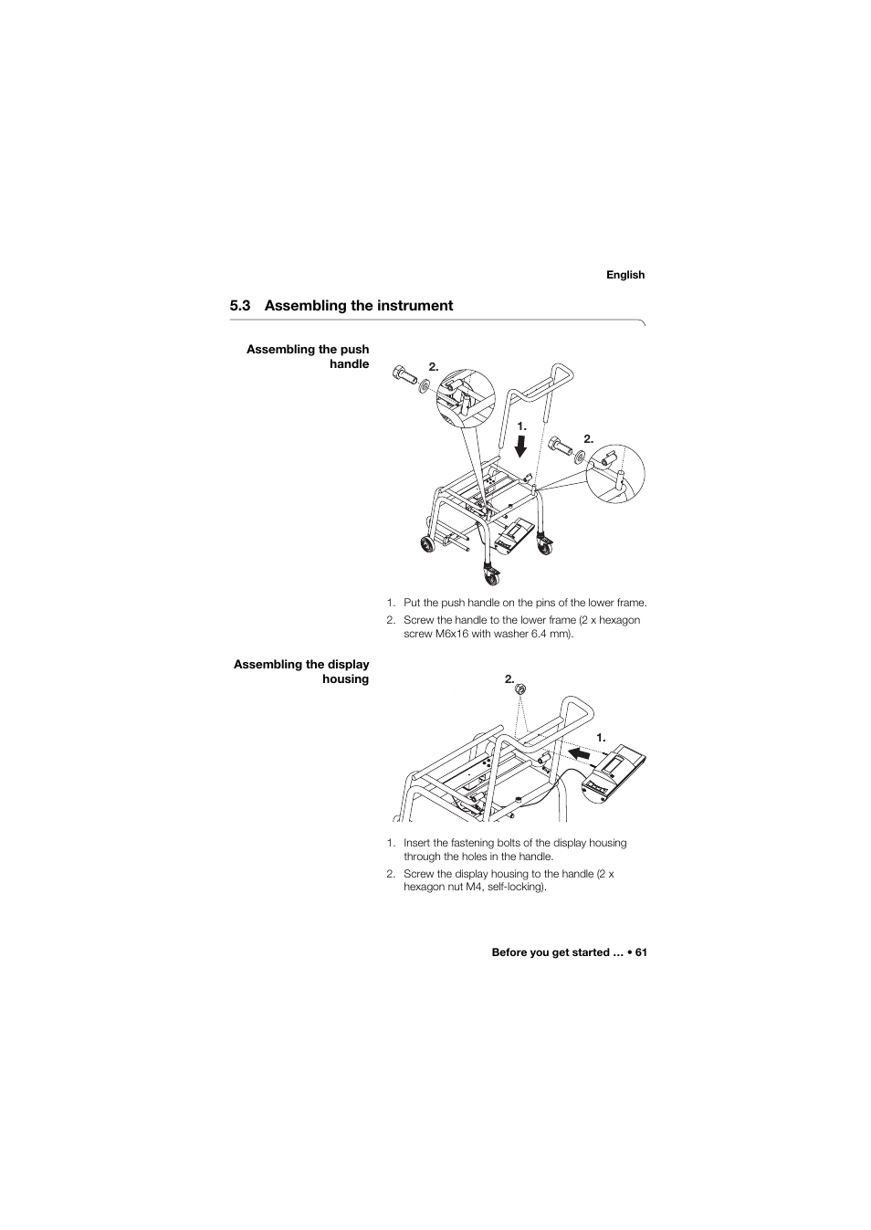 3 assembling the instrument, Assembling the push handle, Assembling the display housing | Seca 959 User Manual | Page 61 / 317