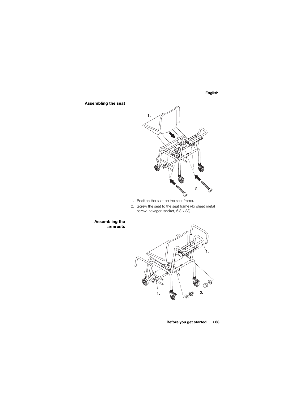 Assembling the seat, Assembling the armrests | Seca 959 User Manual | Page 63 / 317