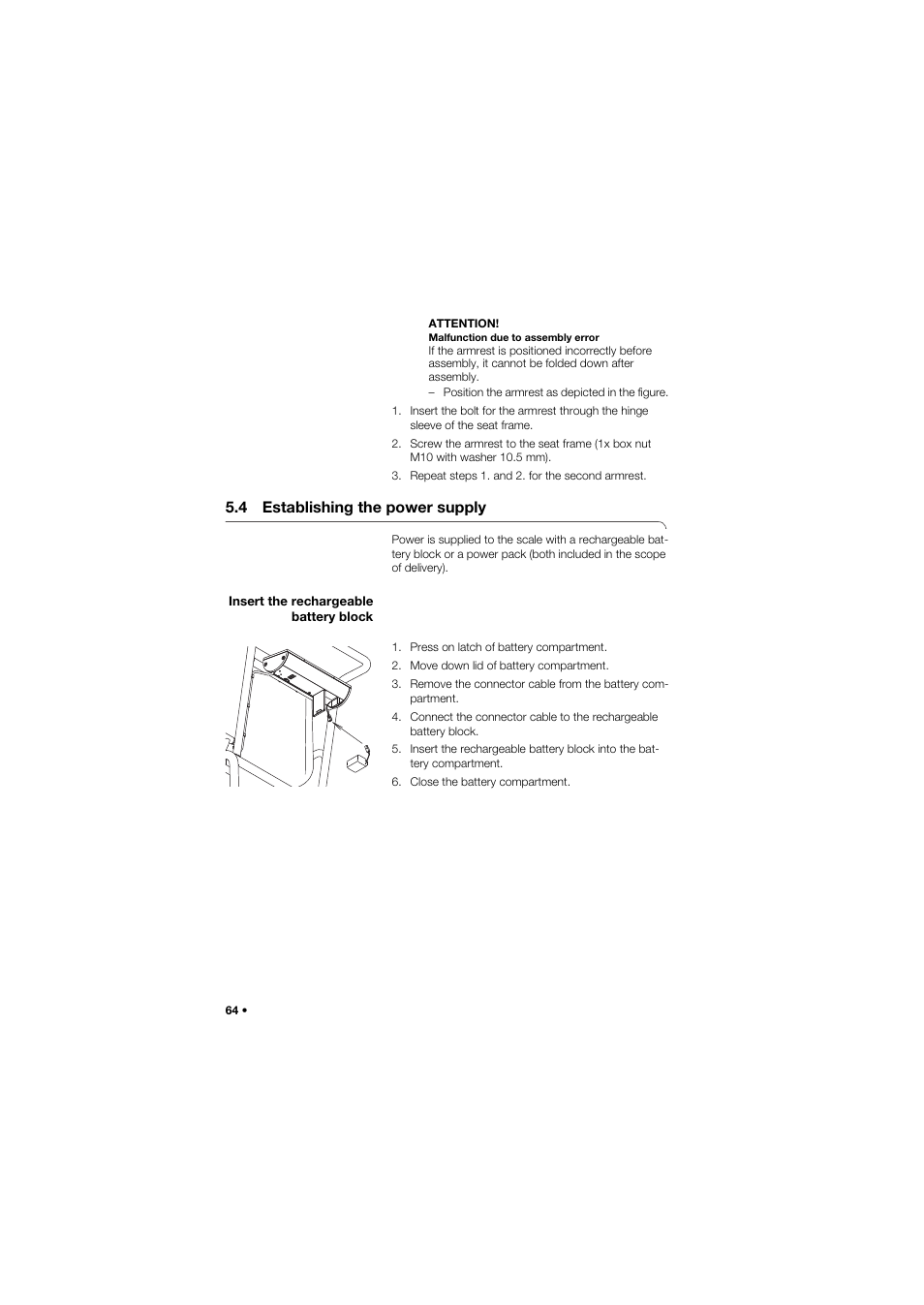 4 establishing the power supply, Insert the rechargeable battery block | Seca 959 User Manual | Page 64 / 317