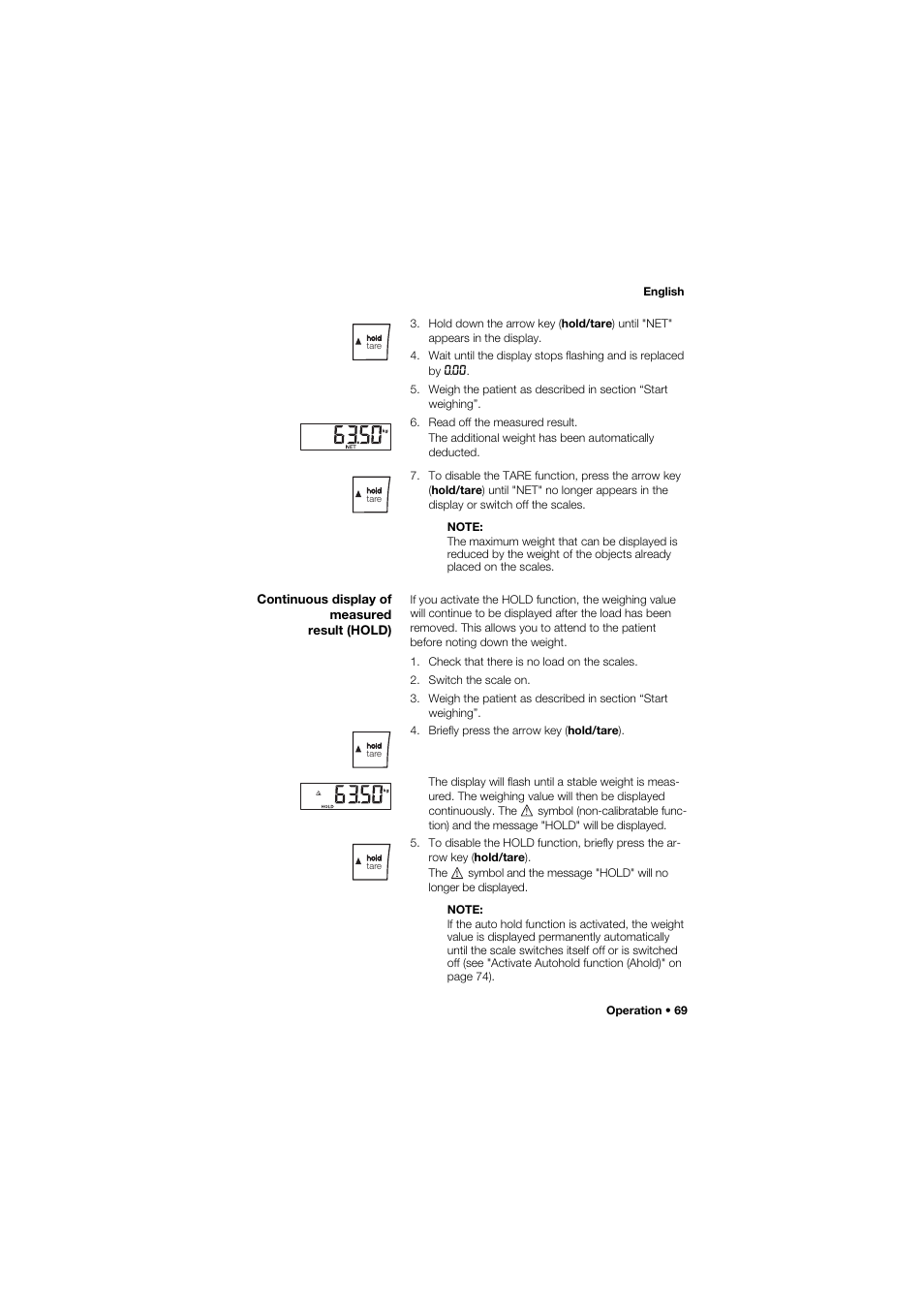 Continuous display of measured result (hold) | Seca 959 User Manual | Page 69 / 317