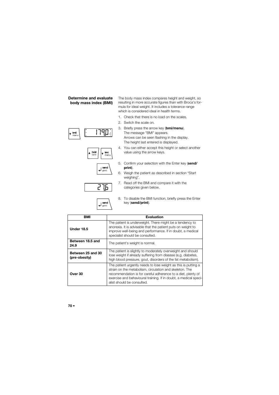 Determine and evaluate body mass index (bmi) | Seca 959 User Manual | Page 70 / 317