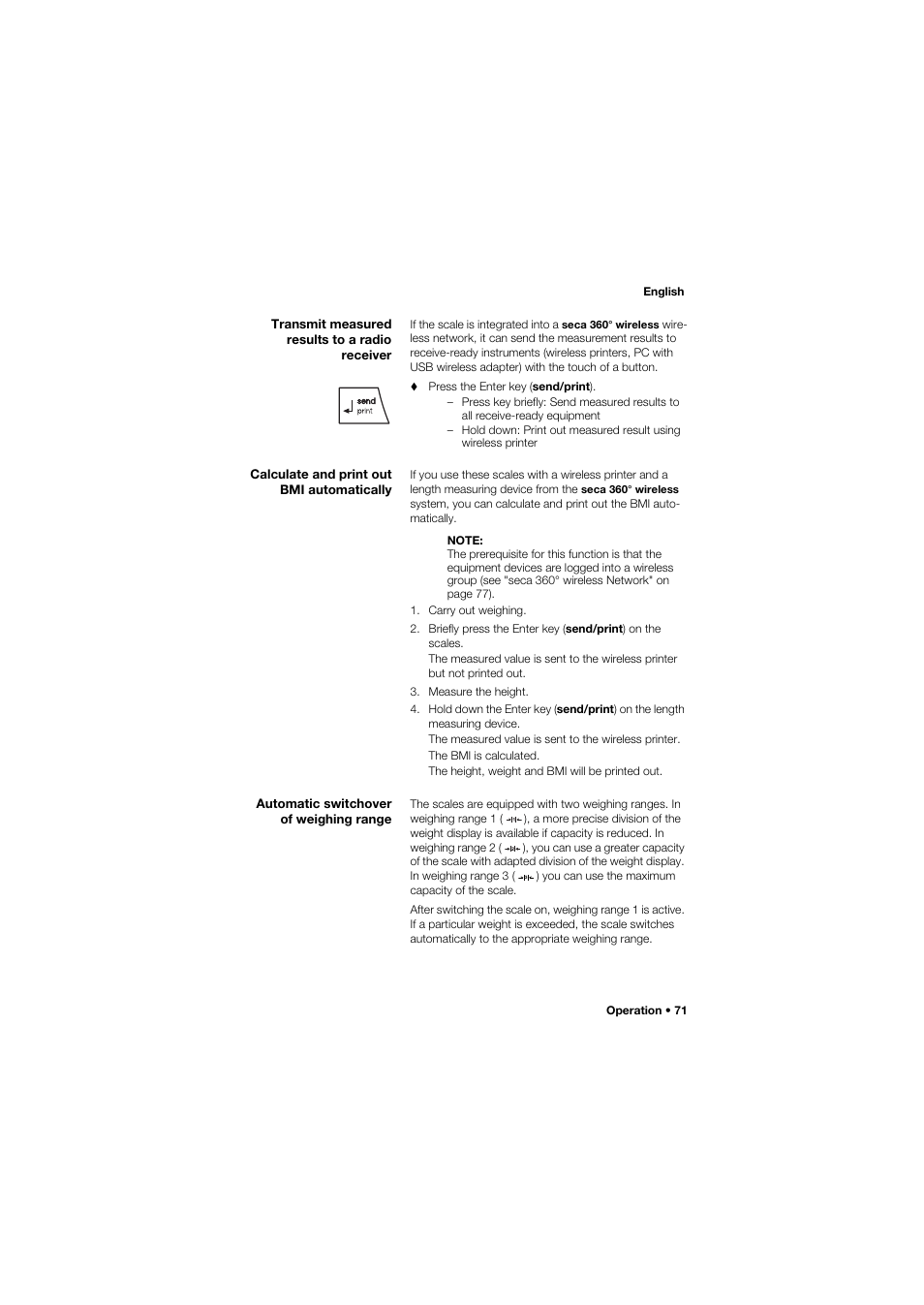 Transmit measured results to a radio receiver, Calculate and print out bmi automatically, Automatic switchover of weighing range | Seca 959 User Manual | Page 71 / 317