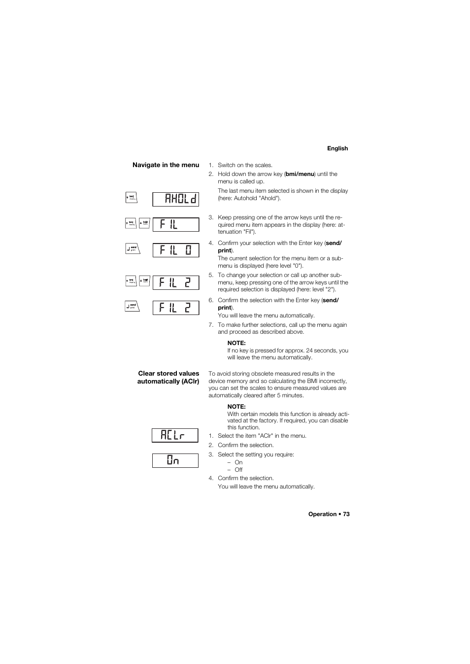 Navigate in the menu, Clear stored values automatically (aclr) | Seca 959 User Manual | Page 73 / 317