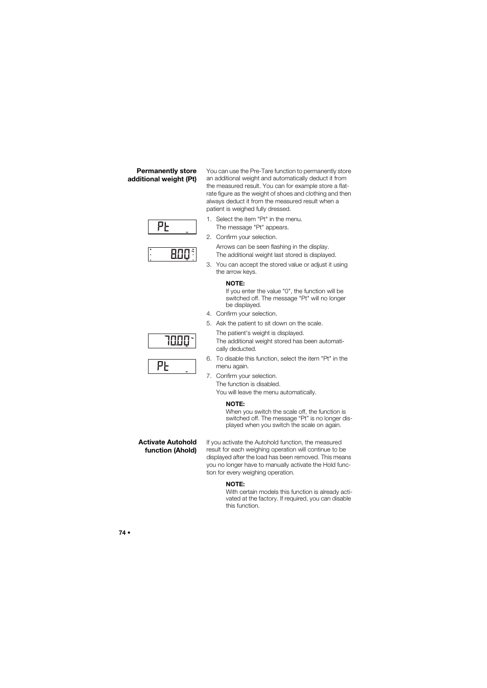 Permanently store additional weight (pt), Activate autohold function (ahold) | Seca 959 User Manual | Page 74 / 317