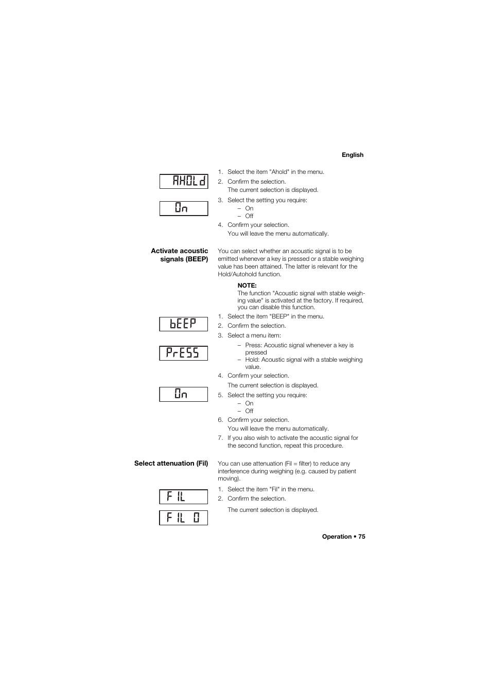 Activate acoustic signals (beep), Select attenuation (fil) | Seca 959 User Manual | Page 75 / 317