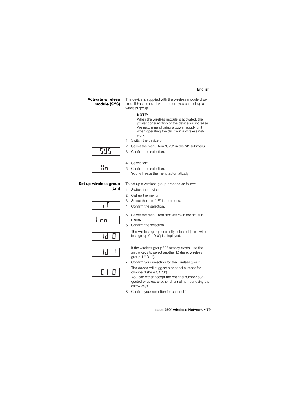 Activate wireless module (sys), Set up wireless group (lrn) | Seca 959 User Manual | Page 79 / 317