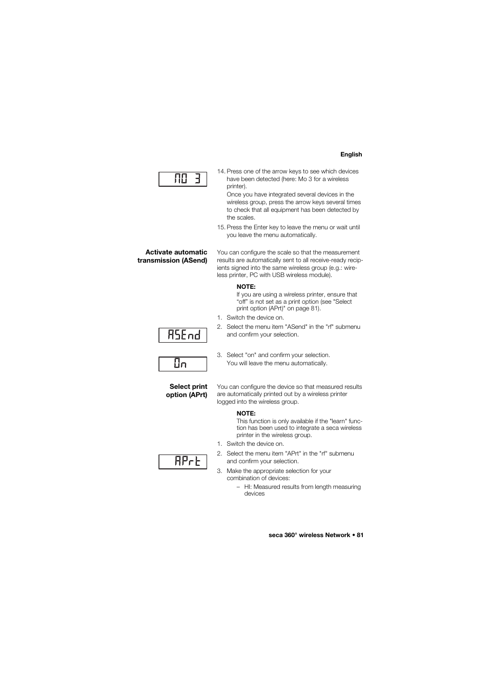 Activate automatic transmission (asend), Select print option (aprt) | Seca 959 User Manual | Page 81 / 317