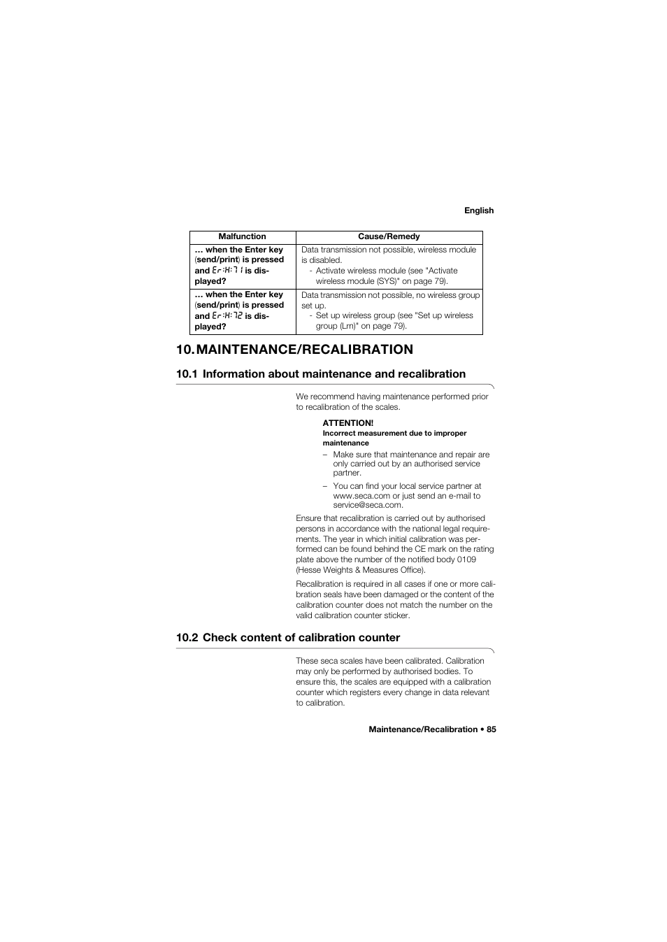 Maintenance/recalibration, 1 information about maintenance and recalibration, 2 check content of calibration counter | Seca 959 User Manual | Page 85 / 317