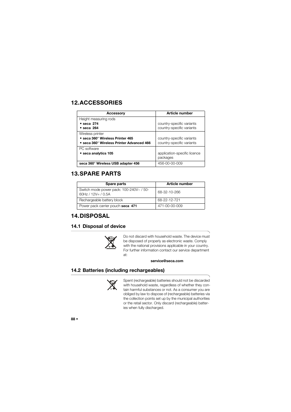 Accessories, Spare parts, Disposal | 1 disposal of device, 2 batteries (including rechargeables), Accessories 13.spare parts 14.disposal | Seca 959 User Manual | Page 88 / 317