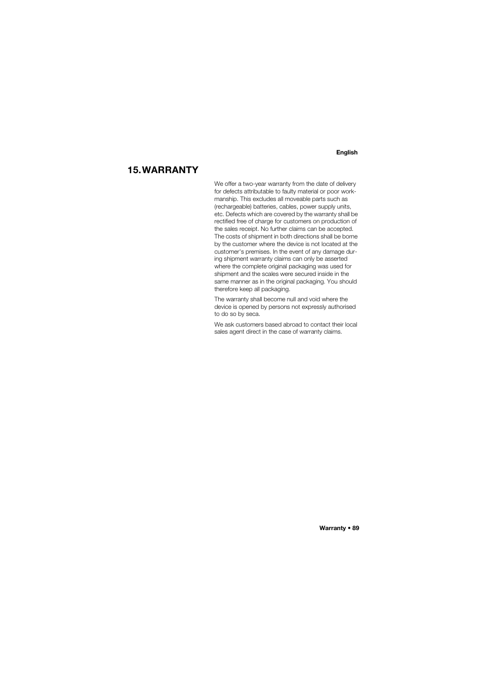 Warranty | Seca 959 User Manual | Page 89 / 317