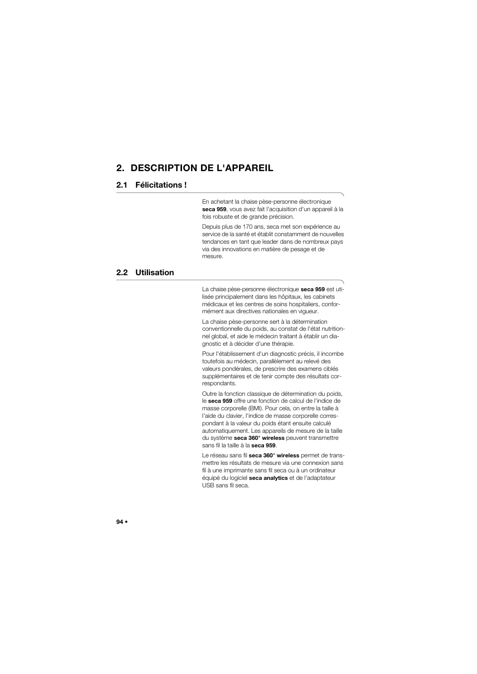 Description de l'appareil, 1 félicitations, 2 utilisation | Seca 959 User Manual | Page 94 / 317