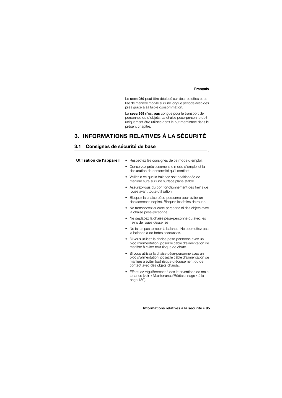 Informations relatives à la sécurité, 1 consignes de sécurité de base, Utilisation de l'appareil | Seca 959 User Manual | Page 95 / 317