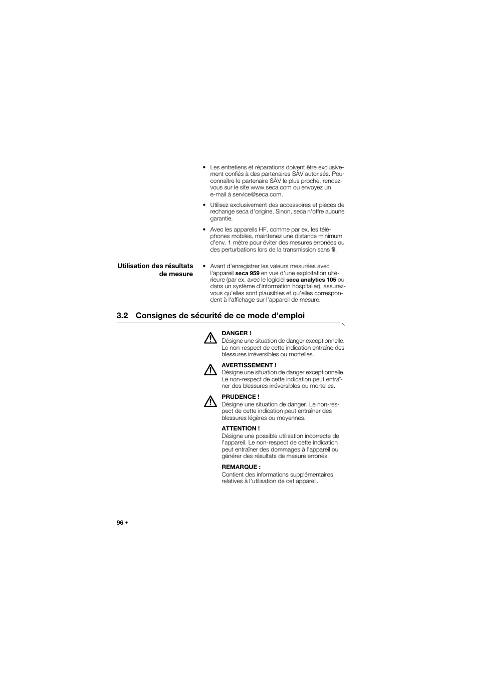 Utilisation des résultats de mesure, 2 consignes de sécurité de ce mode d'emploi | Seca 959 User Manual | Page 96 / 317