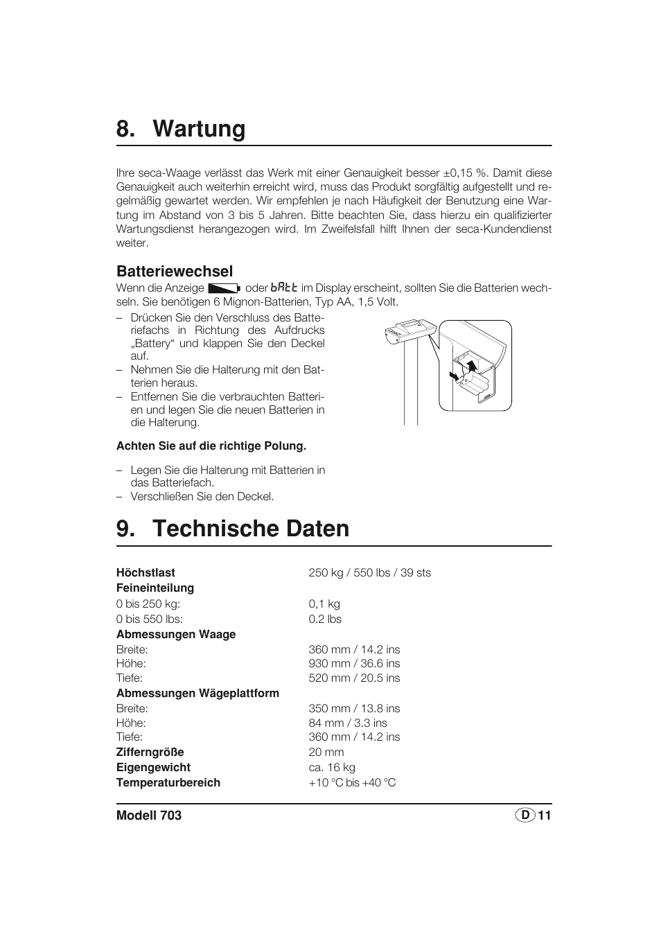 Wartung, Batteriewechsel, Technische daten | Siehe, Seite, Batterie, Wechsel, Auf seite | Seca 703 User Manual | Page 11 / 77