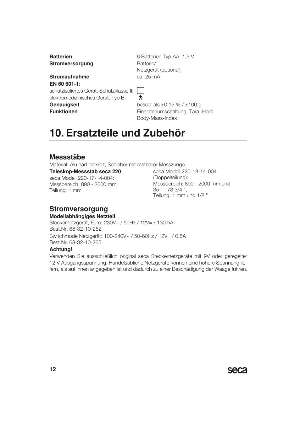 Ersatzteile und zubehör, Messstäbe, Stromversorgung | Seca 703 User Manual | Page 12 / 77